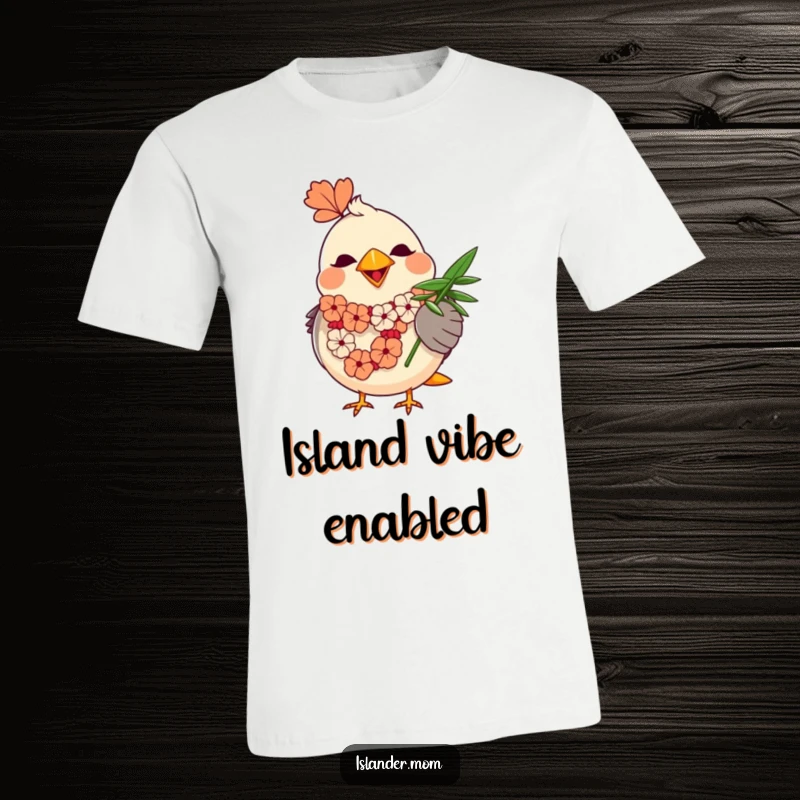 Funny Mama Bird T-Shirt: A cheerful mama bird adorned with a lei happily fans herself with a palm leaf.