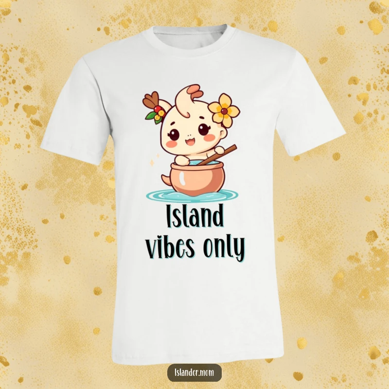 Funny t-shirt with a happy islander character wearing a flower, cheerfully stirring a large pot, embodying island culinary fun.