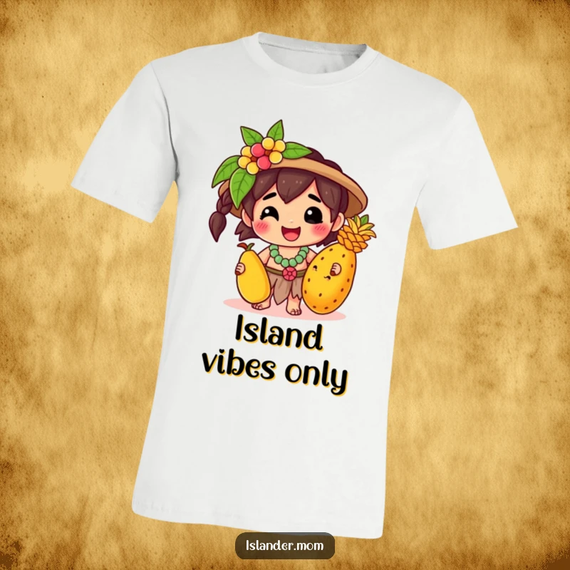 Funny T-Shirt: A cute kawaii islander character proudly holds a juicy tropical fruit, radiating pure happiness and island charm.