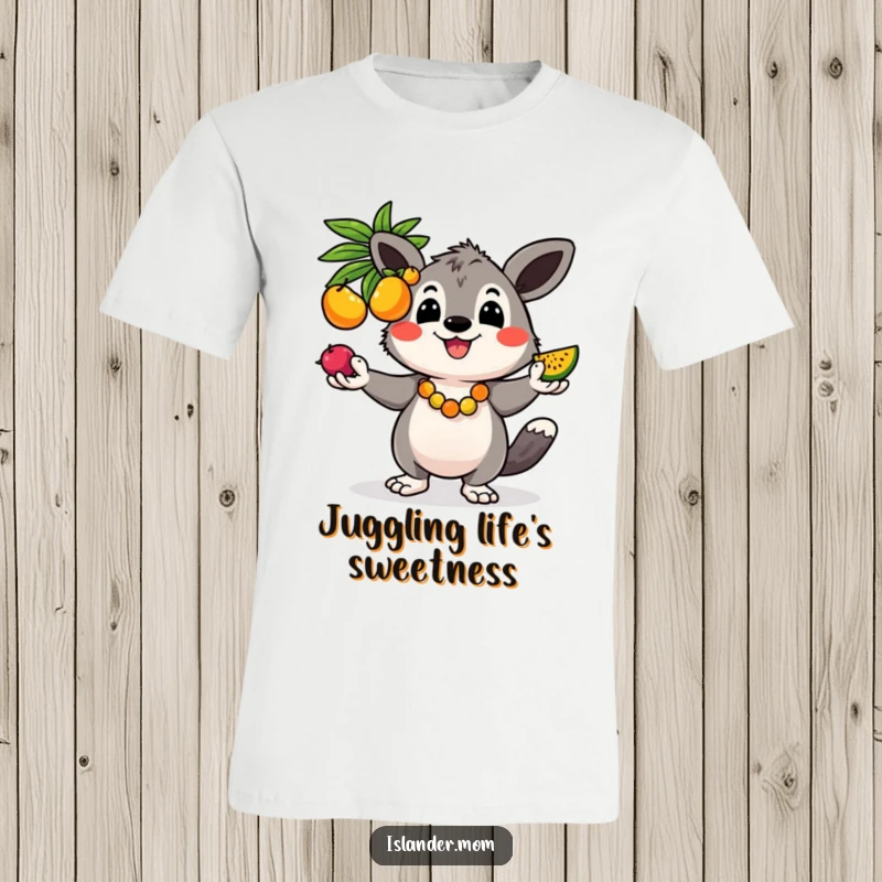 Funny t-shirt featuring a cheerful kawaii islander animal juggling colorful fruits, perfect for tropical fun.
