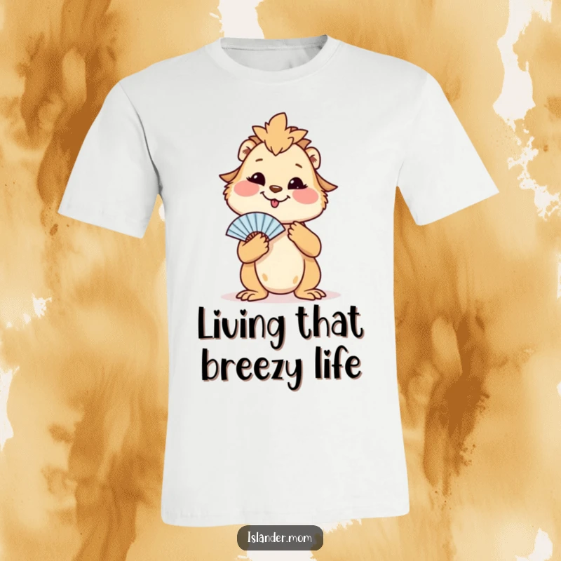 Funny t-shirt featuring an islander mom animal with a happy smile, using a fan to cool off.