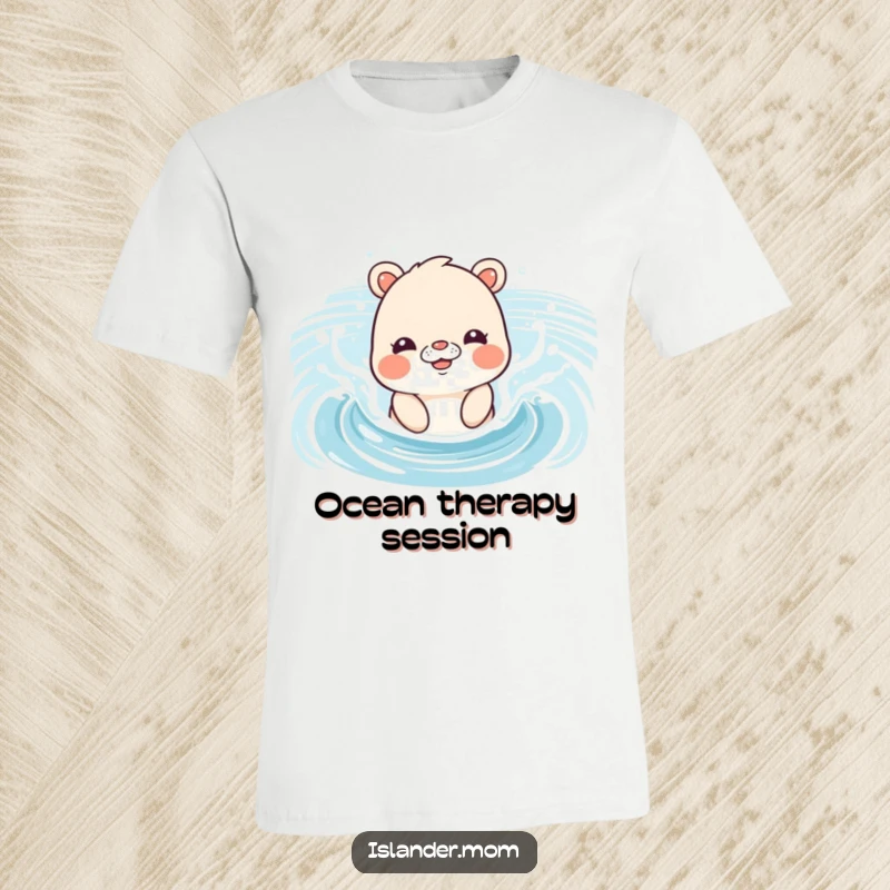 Funny T-Shirt showing an islander mom animal playfully splashing in gentle ocean waves with a look of pure exhilaration.
