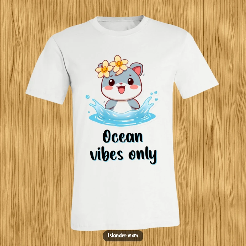 Funny t-shirt depicting a cheerful islander animal with a flower, happily splashing in clear blue water.