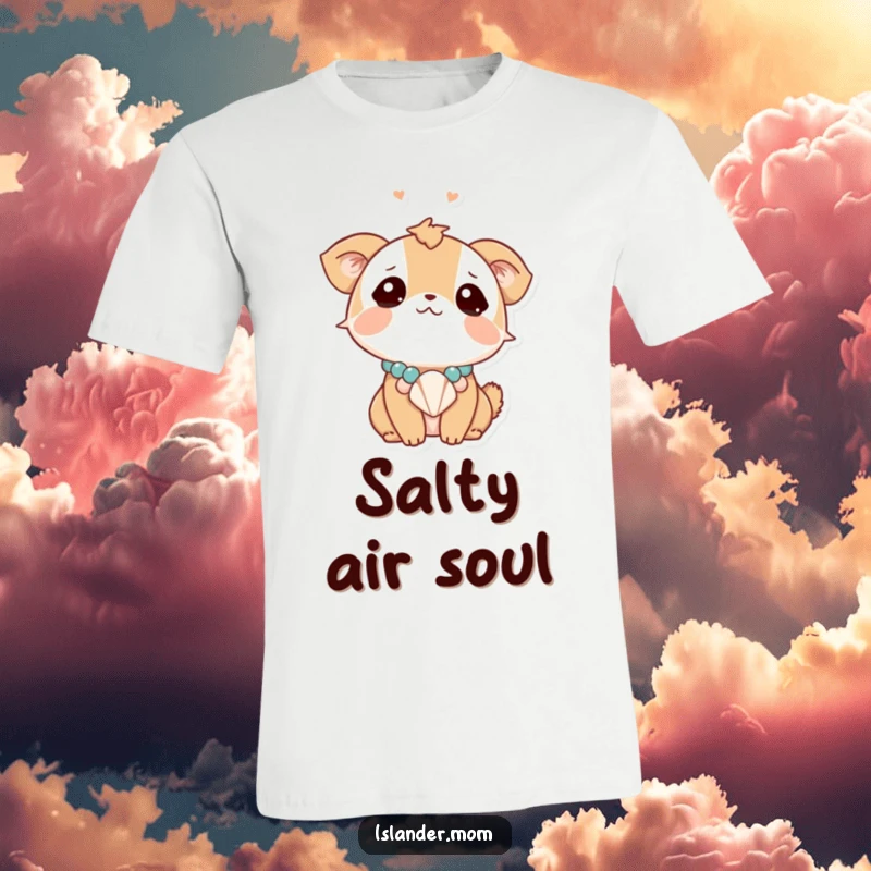 Funny animal character looking dreamily upwards, accessorized with a seashell necklace, a humorous t-shirt for beach lovers and dreamers.