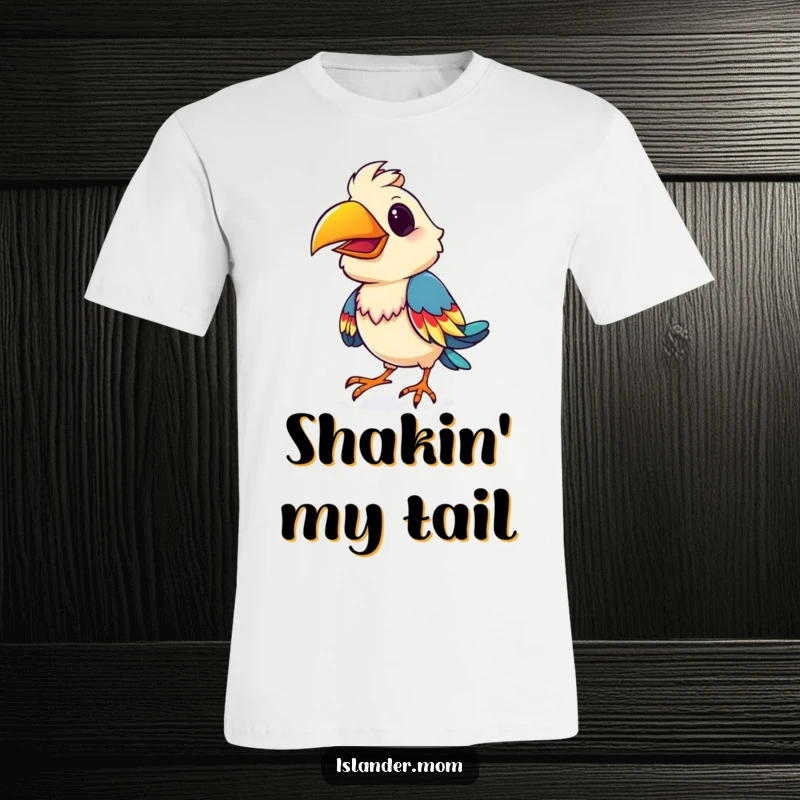 Funny playful bird t-shirt, showing a bird doing a colorful shimmy, ideal for casual wear and cheerful occasions.