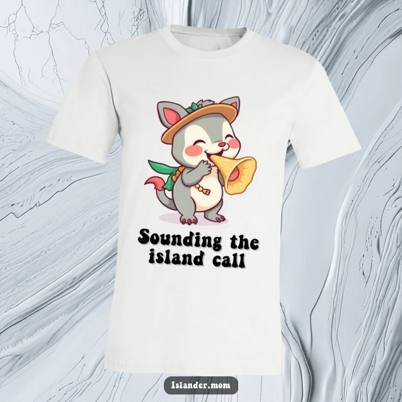 Funny Islander Animal T-Shirt showcasing a character playfully blowing a conch shell, perfect for island fun, a fun funny gift.