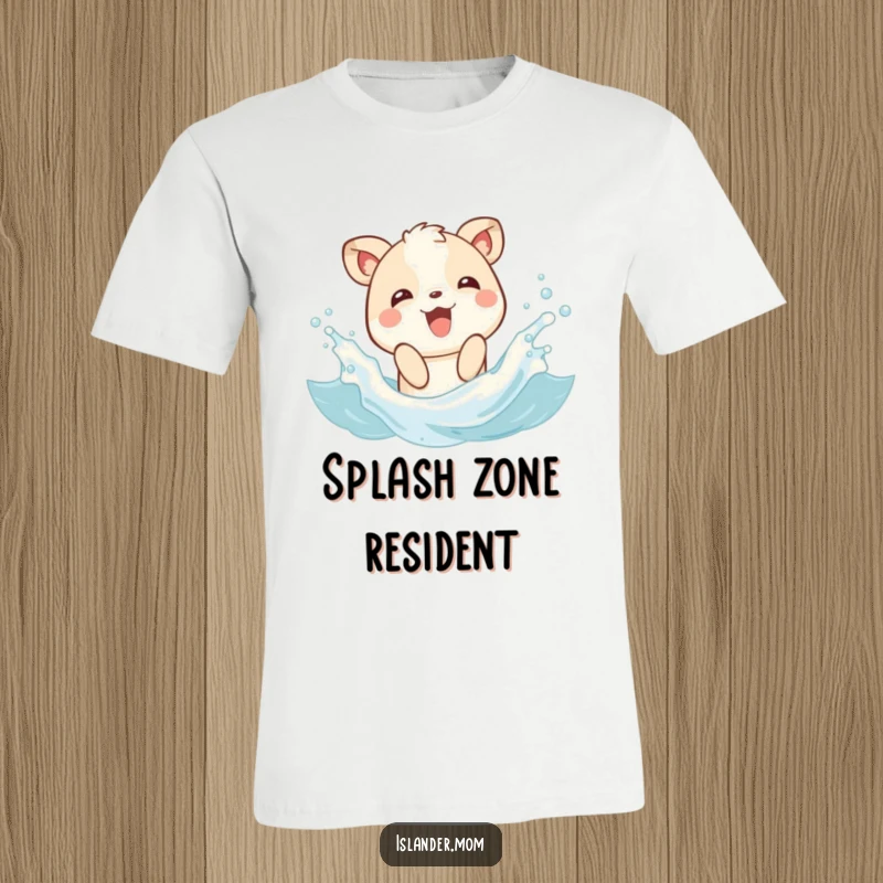 Funny t-shirt showcasing a happy animal character playfully splashing in gentle sea waves, radiating pure, unadulterated beach happiness.