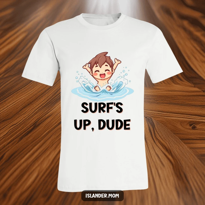 Funny T-Shirt featuring an islander character joyfully splashing in calm ocean waves, embodying carefree beach fun.