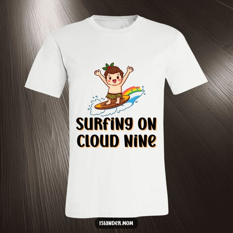 Funny kawaii islander character happily surfing a spectacular rainbow wave with arms raised high, showcasing pure exhilaration and beach vibes.