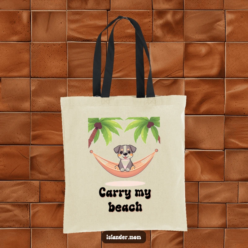 Funny dog sitting in a hammock swaying gently between palm trees, tropical tote bag, relaxed canine design, island escape.