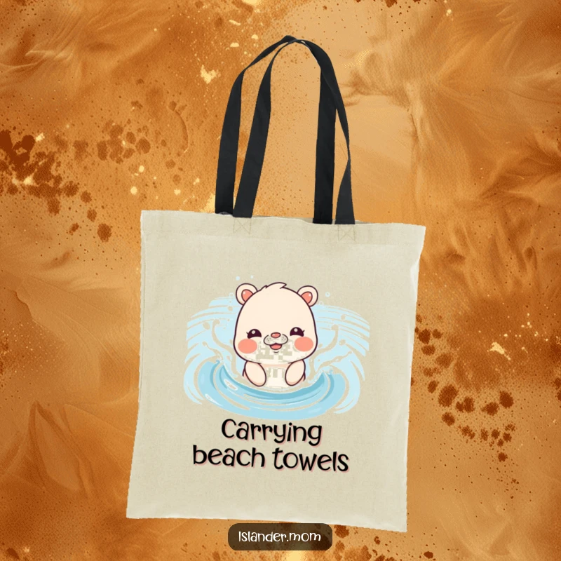 Funny Tote Bag designed with an islander mom animal joyfully splashing in gentle ocean waves, perfect for beach trips.