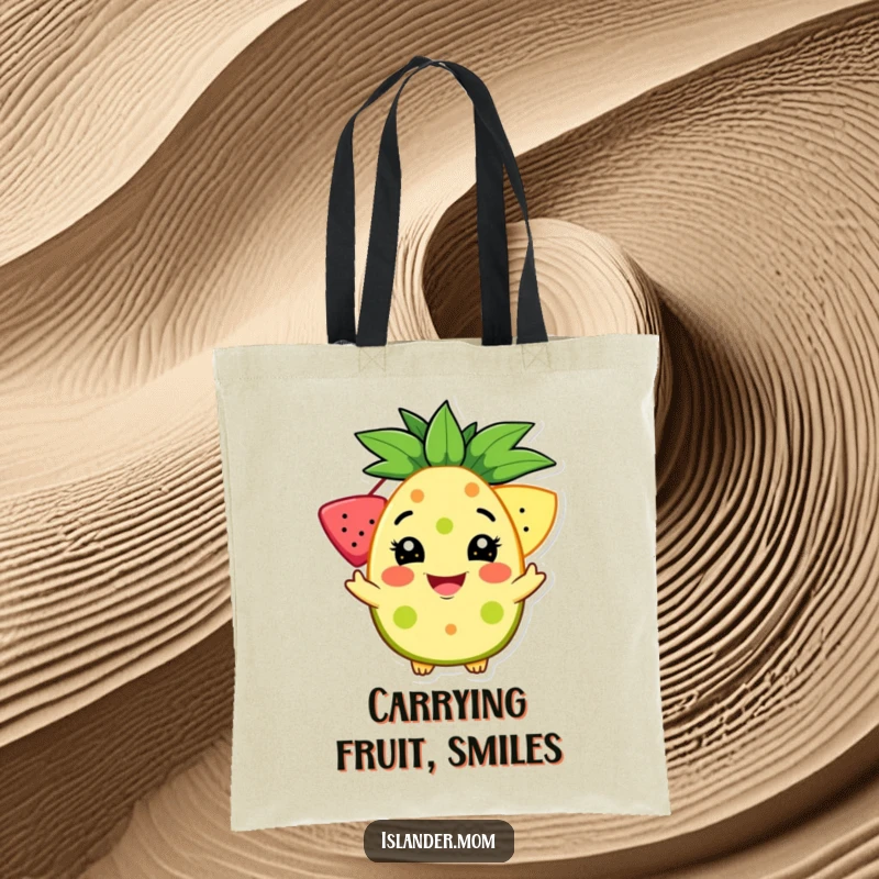 Funny tote bag showcasing a character with a cheerful grin offering a tropical fruit, perfect for carrying essentials with a welcoming vibe.