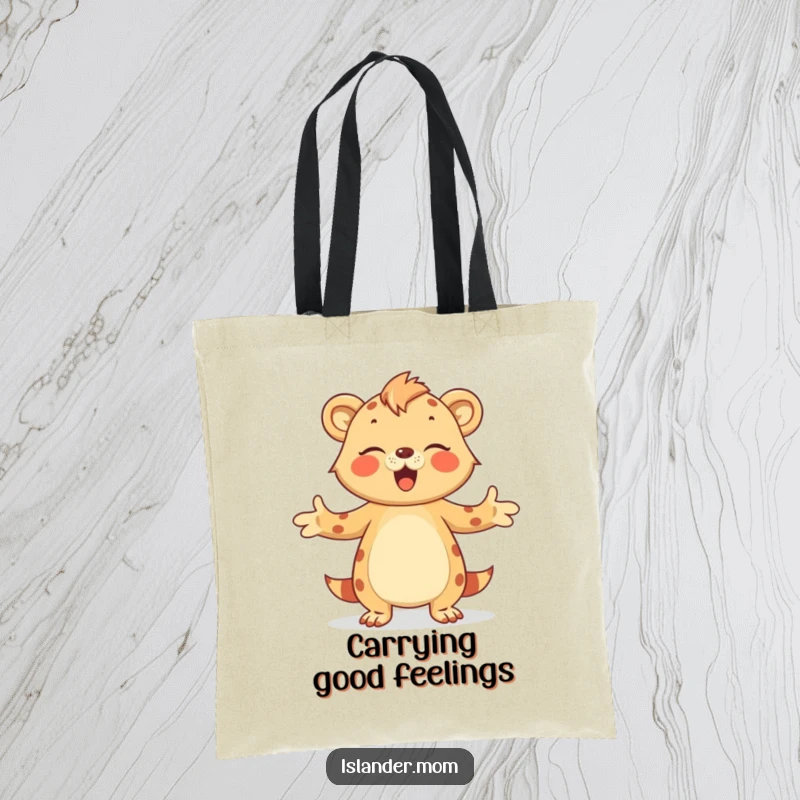 Funny Tote Bag designed with an islander mom animal offering a warm hug with open arms, perfect for carrying love.