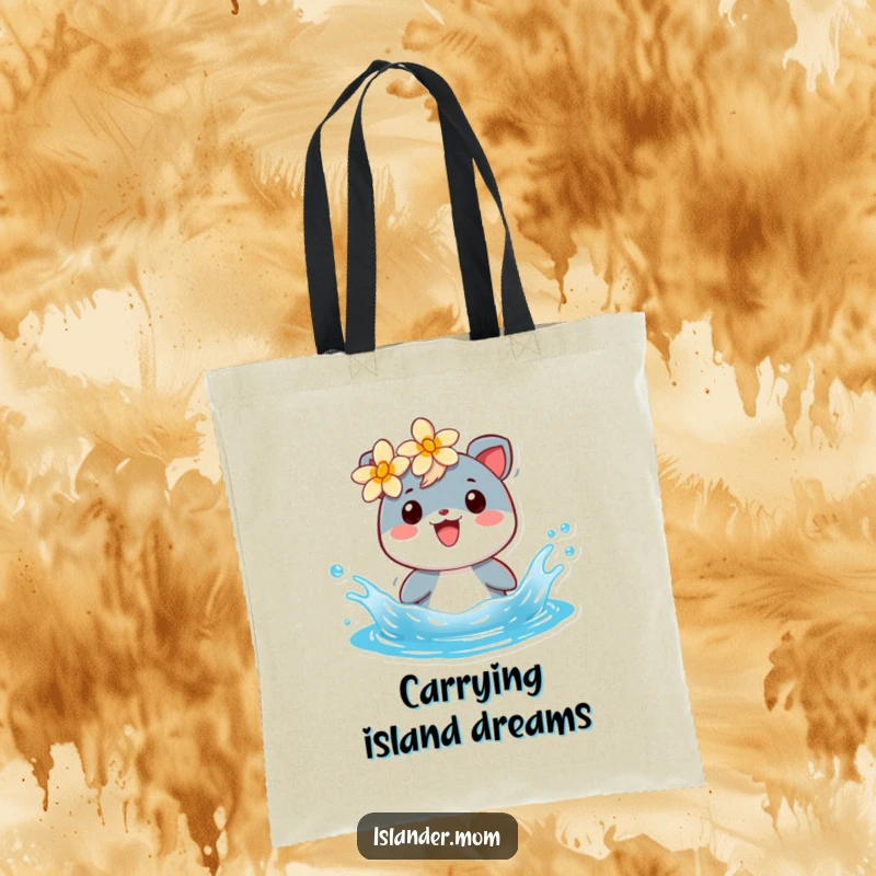 Funny tote bag showing a cheerful islander animal character with a flower, splashing playfully in blue water.