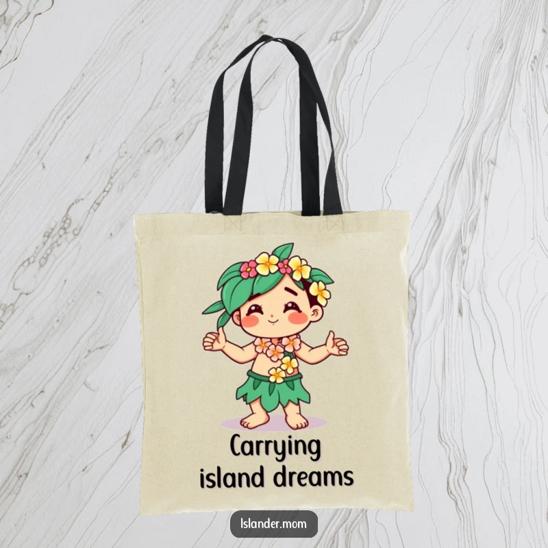 Funny Kawaii islander tote bag with a character wearing a flower lei, dancing with hands free and a smile.