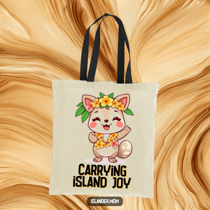 Funny tote bag illustrating a smiling islander animal character wearing a flower lei, dancing with lively tropical rhythm.