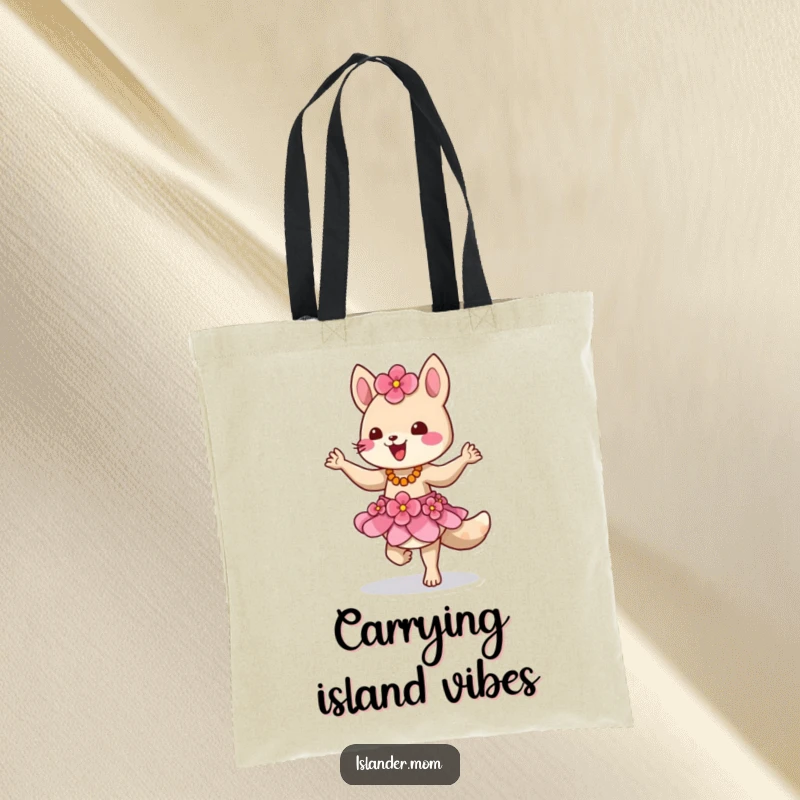Funny tote bag featuring an island animal character in a flower skirt, dancing happily, ready for island adventures.