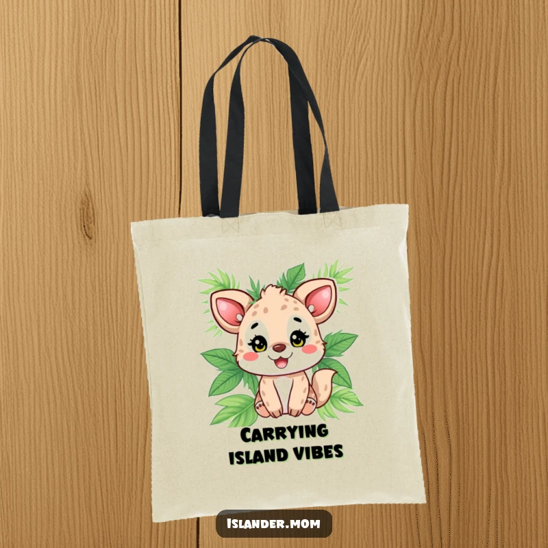Funny animal character beaming with joy, adorned with palm leaves, a humorous and practical tote bag for all your beach or daily needs.