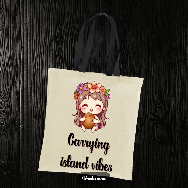 Funny canvas tote bag showcasing a character in a flower crown holding a coconut, perfect for carrying tropical essentials.