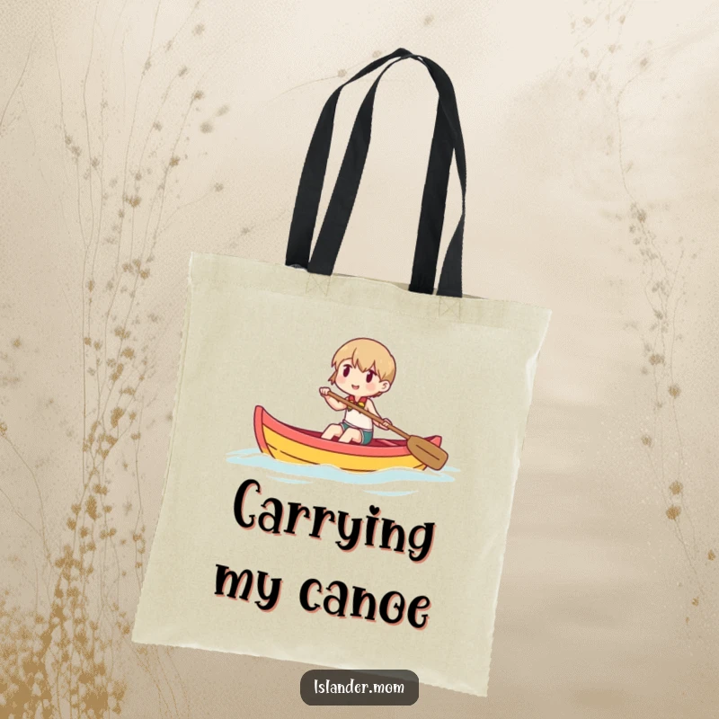 Funny canvas tote bag illustrating a character happily paddling a small outrigger canoe, perfect for carrying essentials on sunny days.