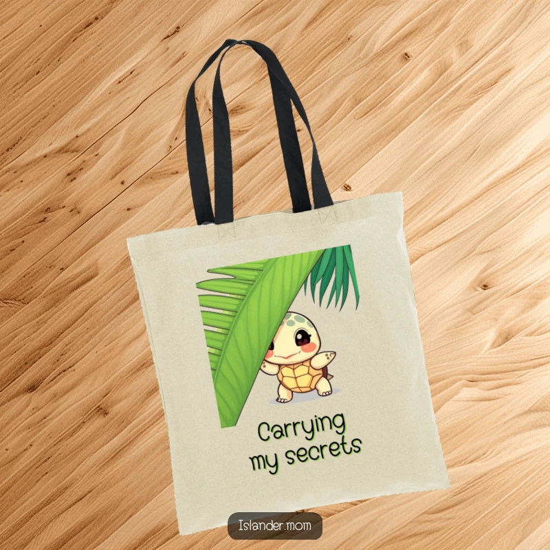 Funny curious turtle tote bag, showing a turtle peeking from behind a palm leaf, perfect for shopping and daily adventures.