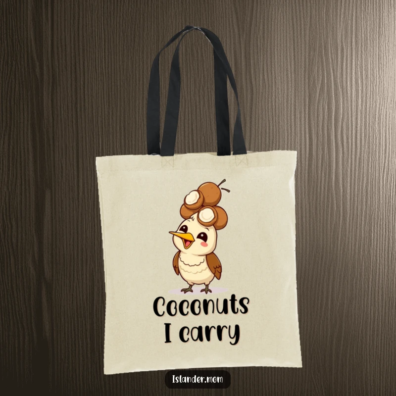 Funny Mama Bird Coconut Head Tote Bag: A mama bird giggles while balancing a large pile of coconuts on its head.