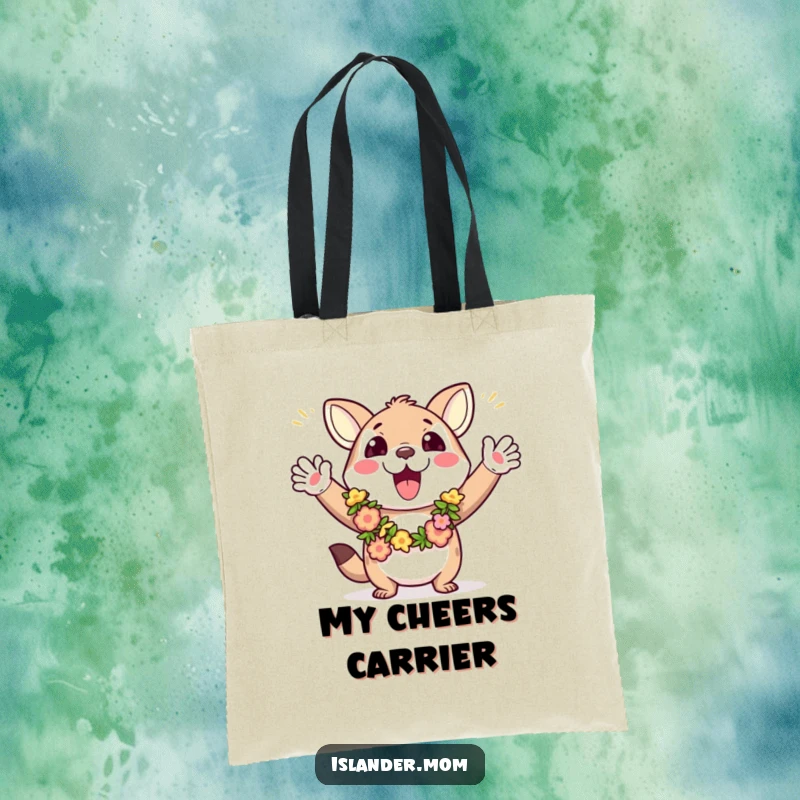 Funny tote bag depicting an excited animal character in leis, waving arms energetically, perfect for carrying enthusiasm and goods.
