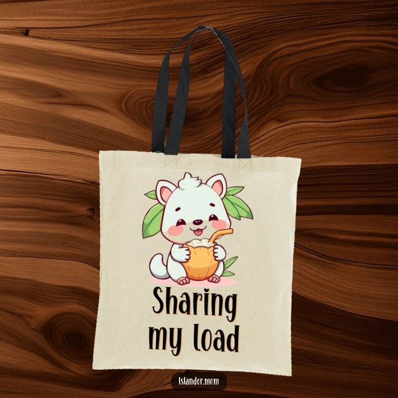 Funny tote bag with a kawaii islander animal grinning widely while sharing a refreshing coconut drink.