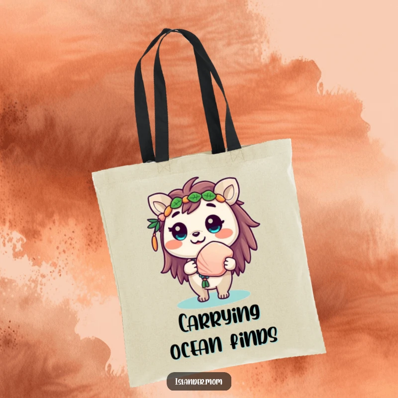 Funny tote bag showing a cute islander animal character with a wide smile, offering a seashell.