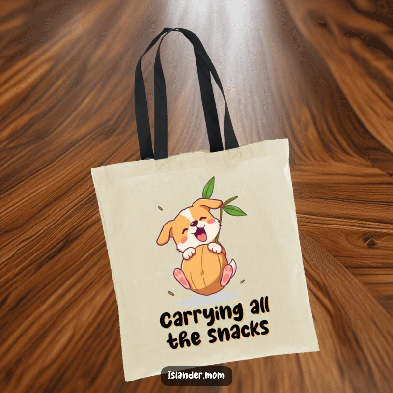 Funny dog tote bag illustration: a dog skillfully catches a falling coconut, showcasing its agility and a joyful, barking expression.
