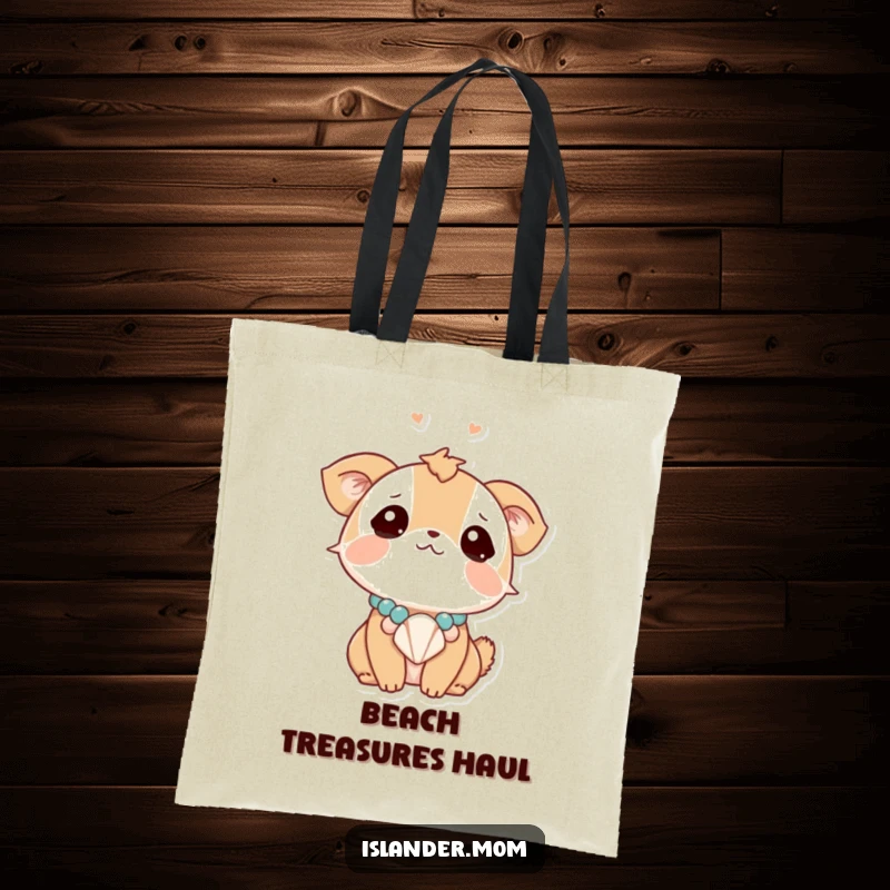 Funny animal character looking dreamily upwards, adorned with a seashell necklace, a humorous and practical tote bag for everyday use.