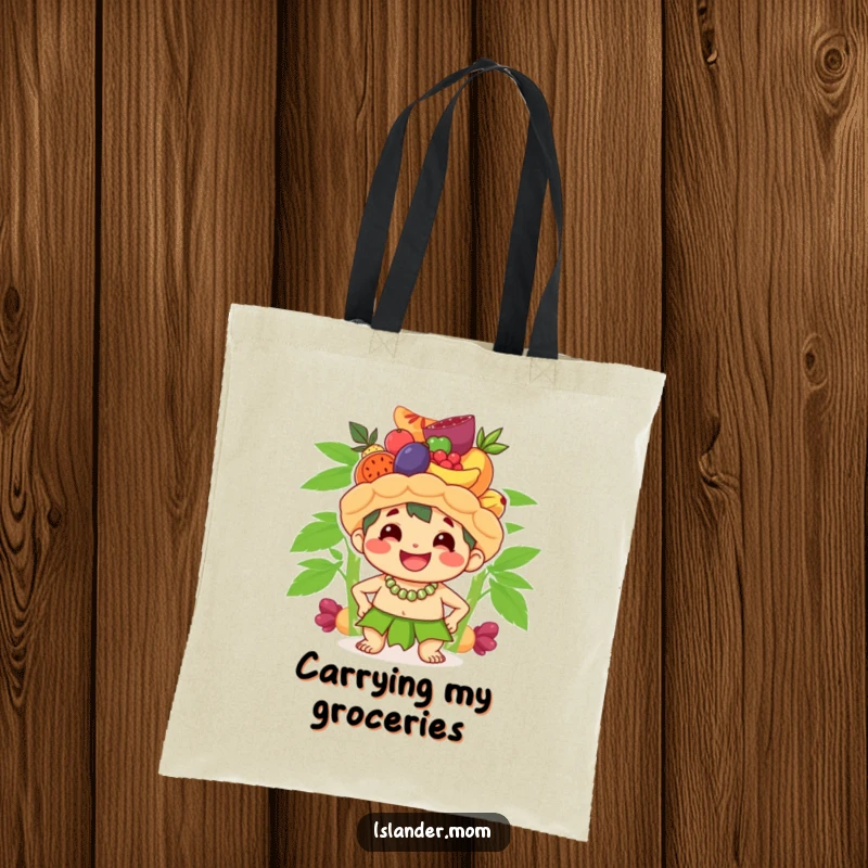 Funny tote bag with a cute islander character smiling broadly while balancing a stack of fruit on its head, symbolizing island fun.
