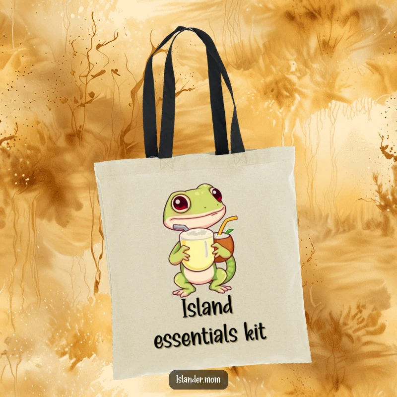 Funny island gecko tote bag, featuring a relaxed gecko holding a coconut drink, ideal for carrying groceries or beach essentials.