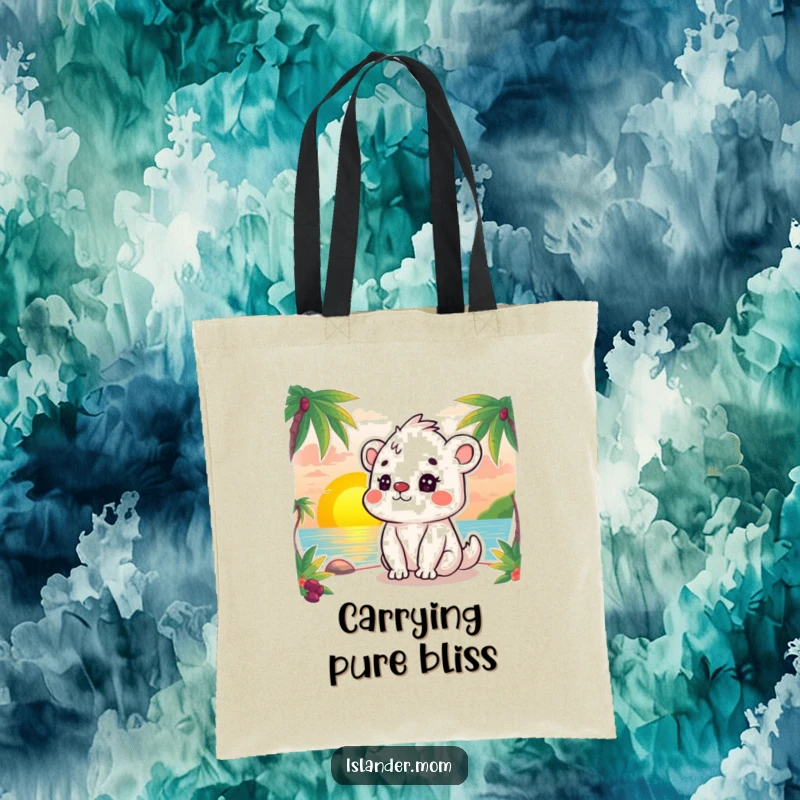Funny tote bag featuring a kawaii islander animal gazing contentedly at a stunning ocean sunset, embodying peace.