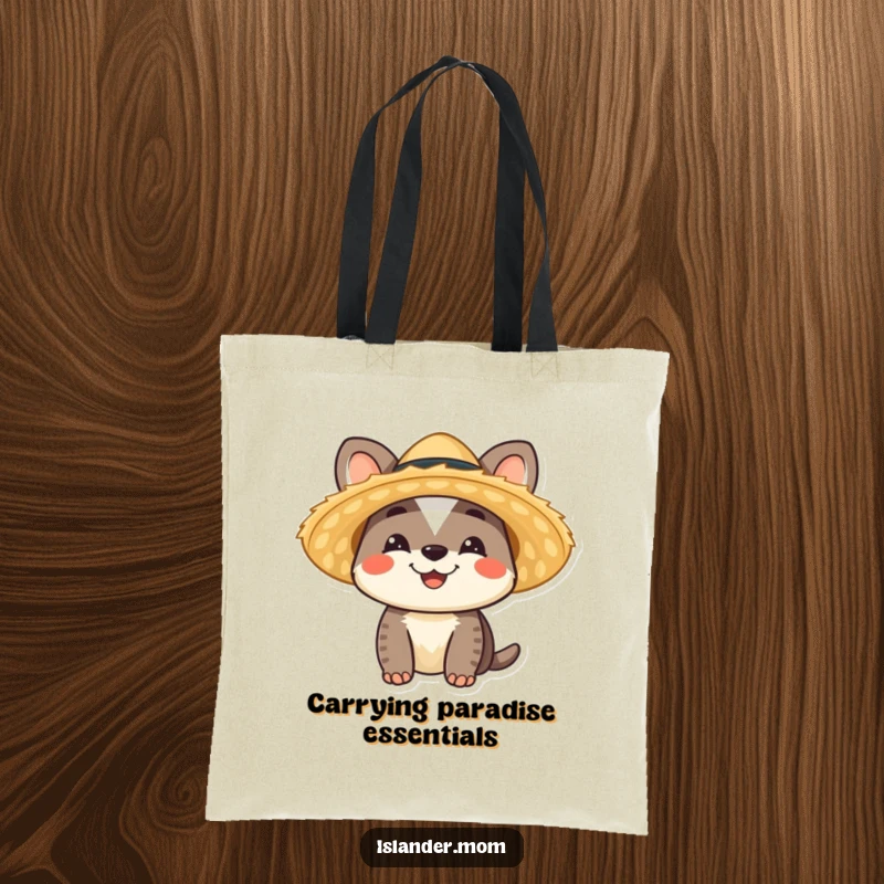 Funny Islander Animal Tote Bag showcasing a smiling character in a straw hat, perfect for carrying tropical essentials, a funny gift.