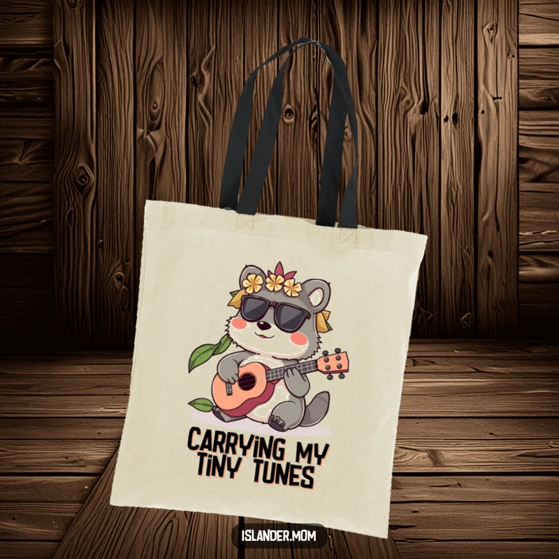 Funny Islander Animal Tote Bag showcasing a character playing a small ukulele, perfect for carrying musical essentials, a funny gift.