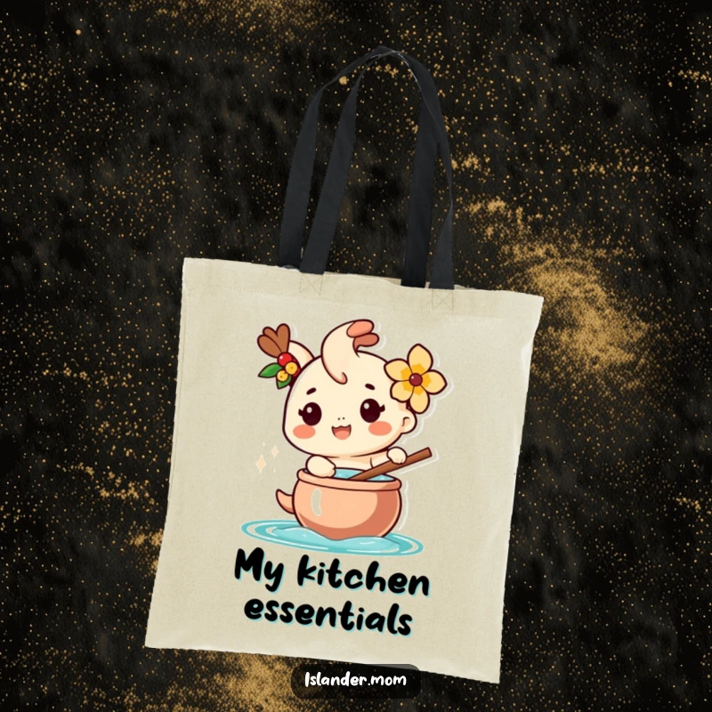 Funny tote bag with a happy islander character wearing a flower, stirring a large pot, symbolizing island culinary adventures.