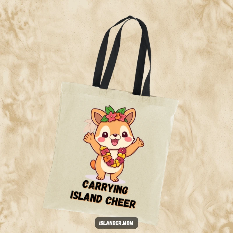 Funny tote bag with an islander animal character waving a lei, perfect for carrying essentials with island flair.