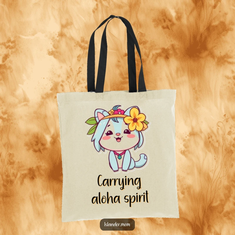 Funny Islander Mom Tote Bag of a cheerful animal mom with a flower behind her ear, ideal for beach or market trips.