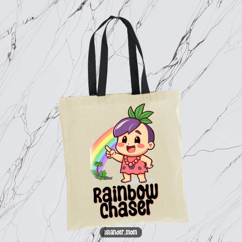 Funny Tote Bag with an excited islander character pointing at a dazzling rainbow, ideal for beach trips or daily use.