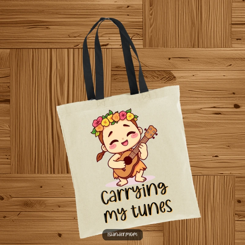 Funny kawaii islander character carrying a tote bag, playing a ukulele with a peaceful, contented smile, embodying island music.