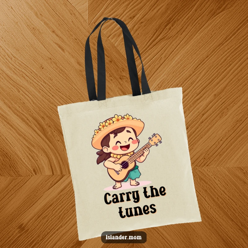 Funny Tote Bag depicting a happy islander playing a ukulele, ideal for music lovers and everyday island adventures.
