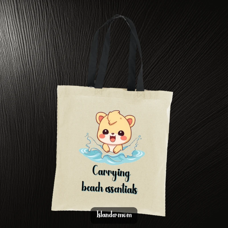 Funny tote bag with an islander animal character splashing in waves, perfect for beach trips or daily use.