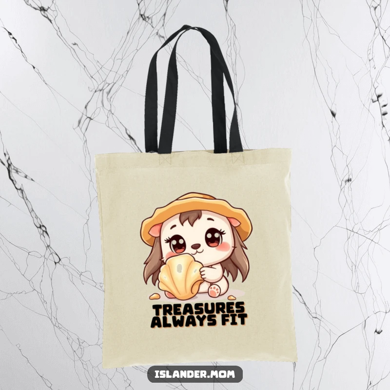 Funny tote bag with a cute kawaii islander animal wide-eyed, discovering a precious shiny seashell.