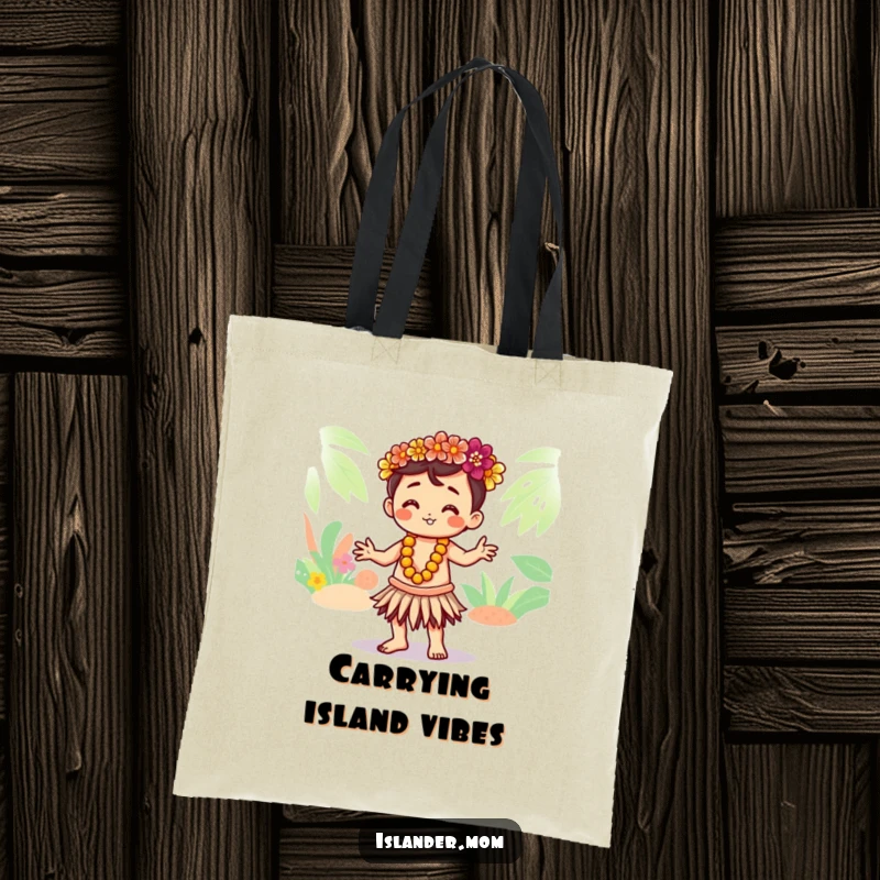 Funny tote bag with a cute Kawaii islander character gracefully hula dancing, a humorous and practical tropical accessory.