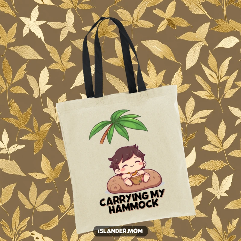 Funny Tote Bag: A kawaii islander character happily relaxes under a palm tree, perfect for beach days or market errands with a serene look.