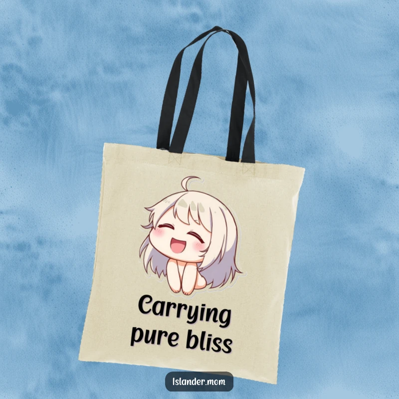Funny canvas tote bag illustrating a character laughing uncontrollably, eyes closed, head tilted back, perfect for spreading good vibes.