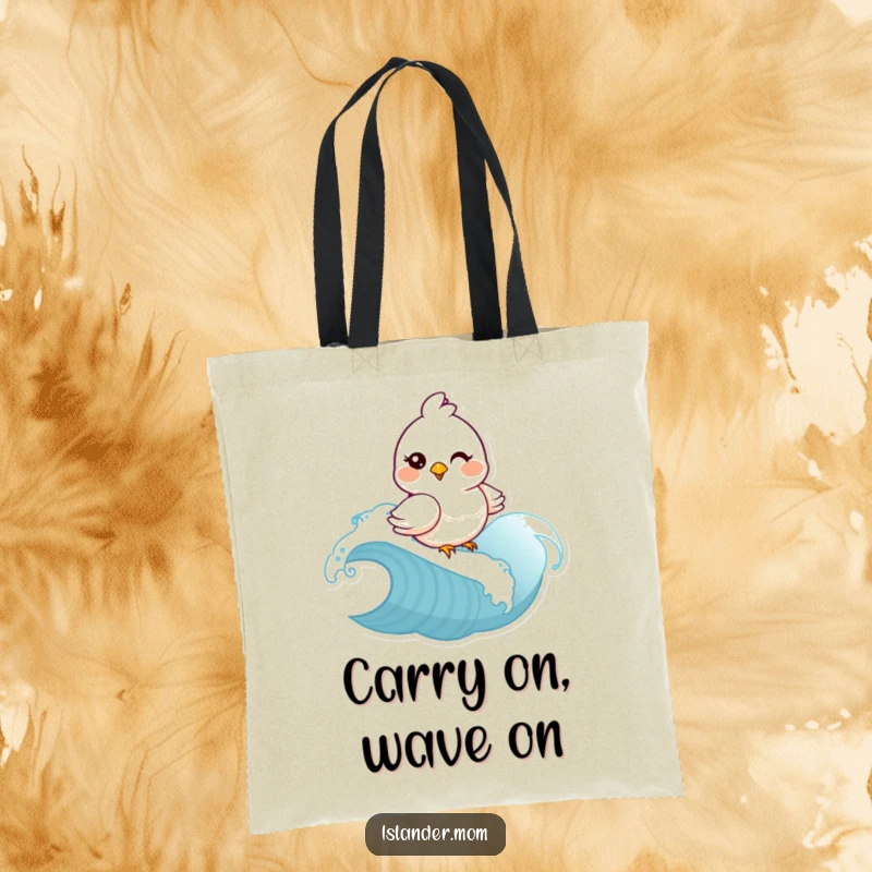 Funny mama bird winking and riding a wave on a tote bag. Humorous beach accessory, great funny gift for bird watchers.