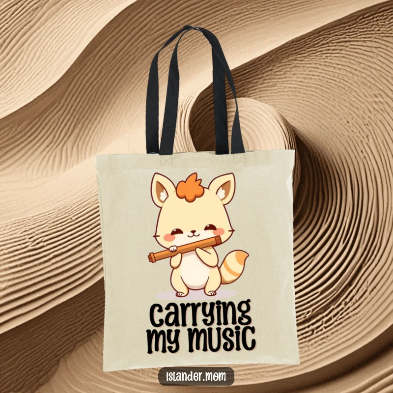 Funny spirited animal playing a flute with a wide grin, a humorous and practical tote bag for carrying music gear and essentials.