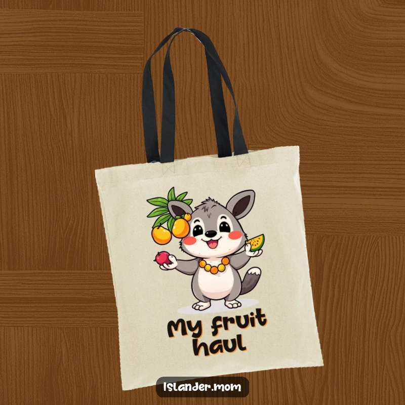 Funny tote bag featuring a cheerful kawaii islander animal juggling colorful fruits, perfect for carrying items with tropical humor.